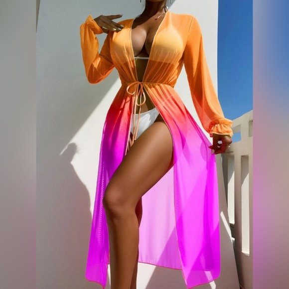 Cover Up Ombre Mesh Tie Front Kimono - Picture 1 of 5